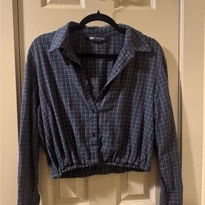 Zara Navy and Brown Button Down Long Sleeve